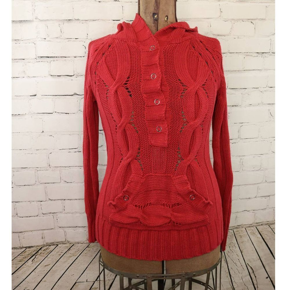 3/30 Vintage Vanity Cable Knit Pullover Sweater w/ Hood Red